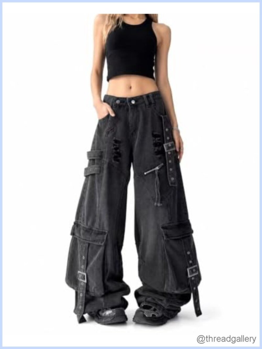 Women's Baggy Wide Leg Cargo Jeans Buckle Strap High Rise Streetwear